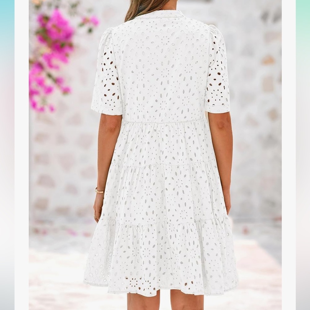 BTFBM size XLarge Boho Dress Resort V Neck Short Sleeve White Cut Out Lace $58 - Picture 2 of 10